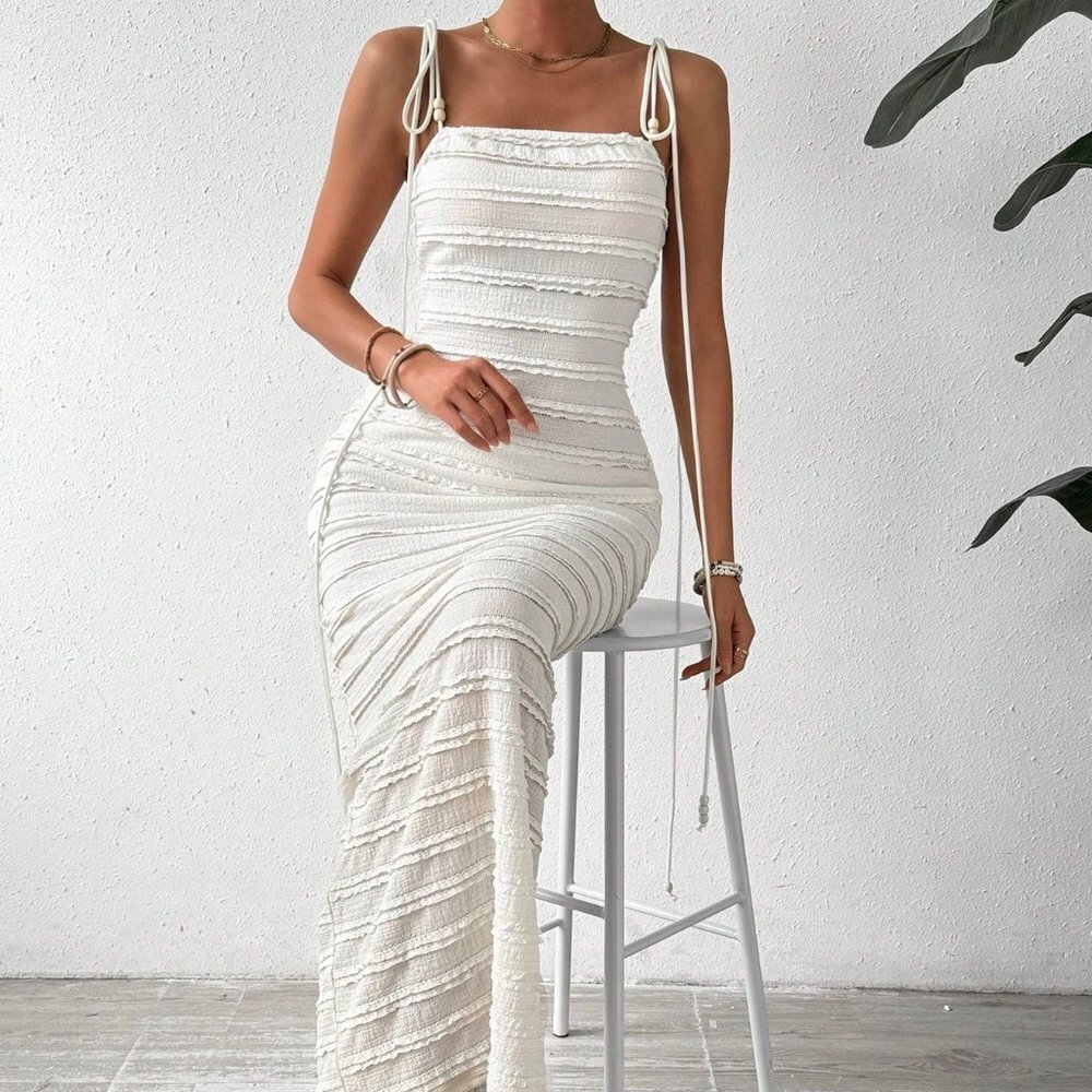 White Boho Womens Knotted Shoulder Cami Bodycon Dress - Picture 3 of 5